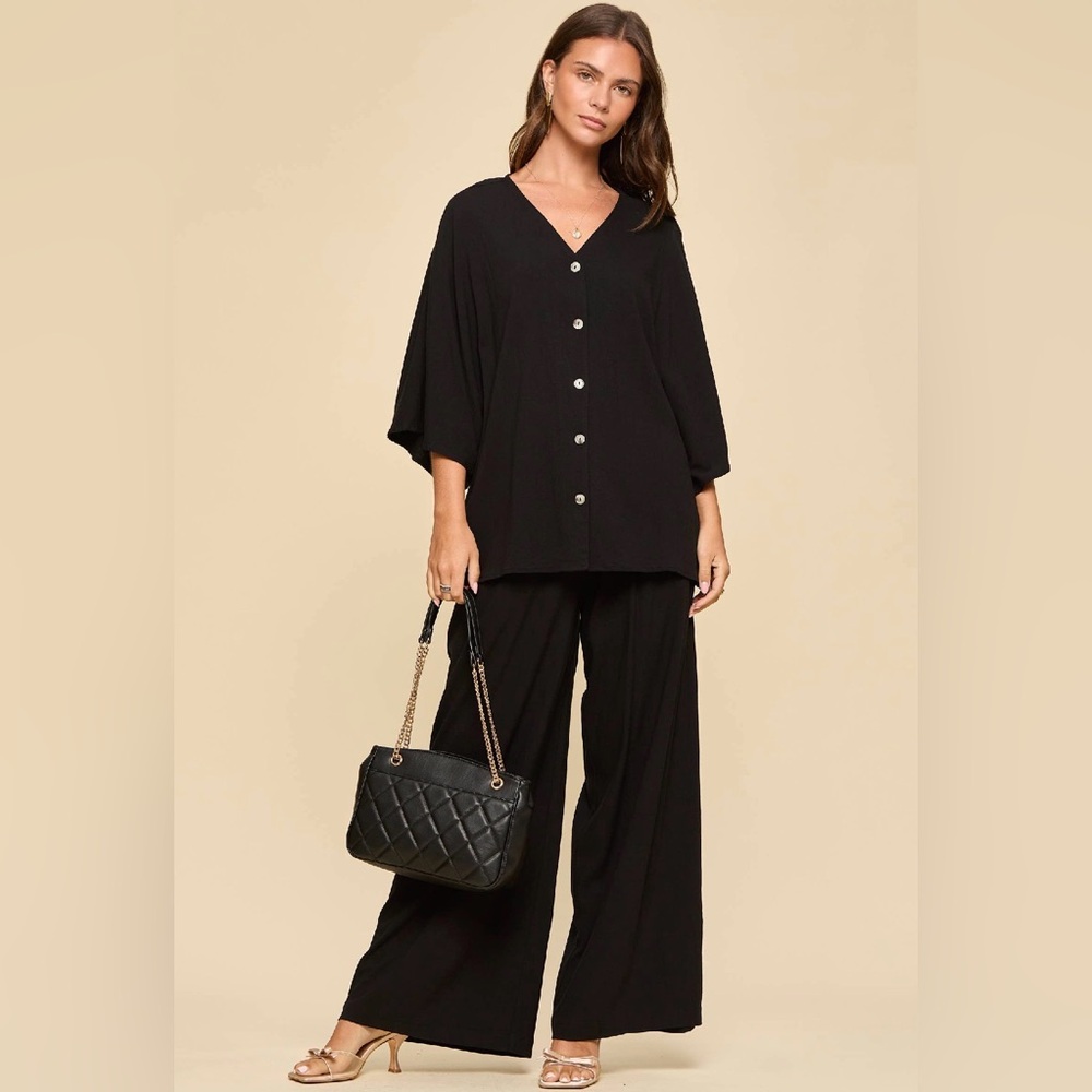 Black Wide-Leg Button Front Pant Set